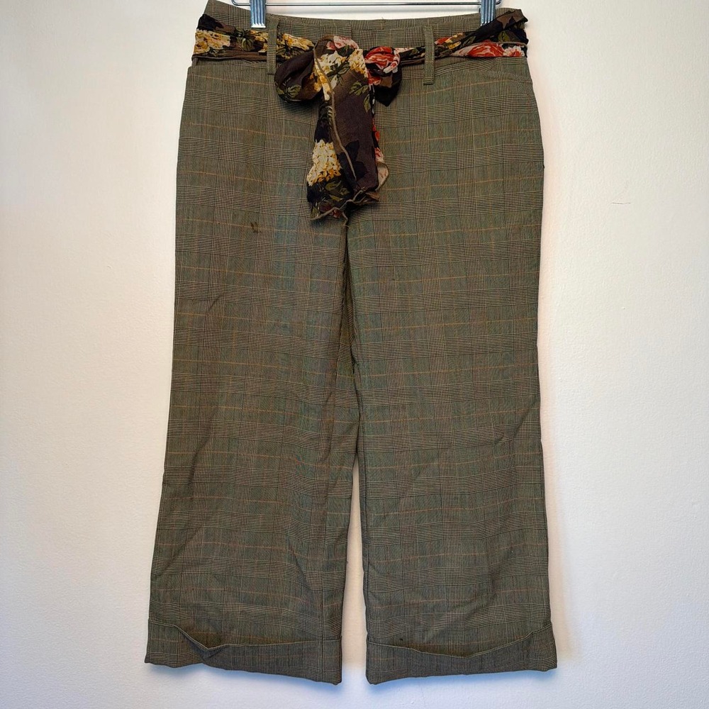 Karen Kane Brown Plaid Wide Leg Cropped Trouser Capri Scarf Belt Y2K Size 2P